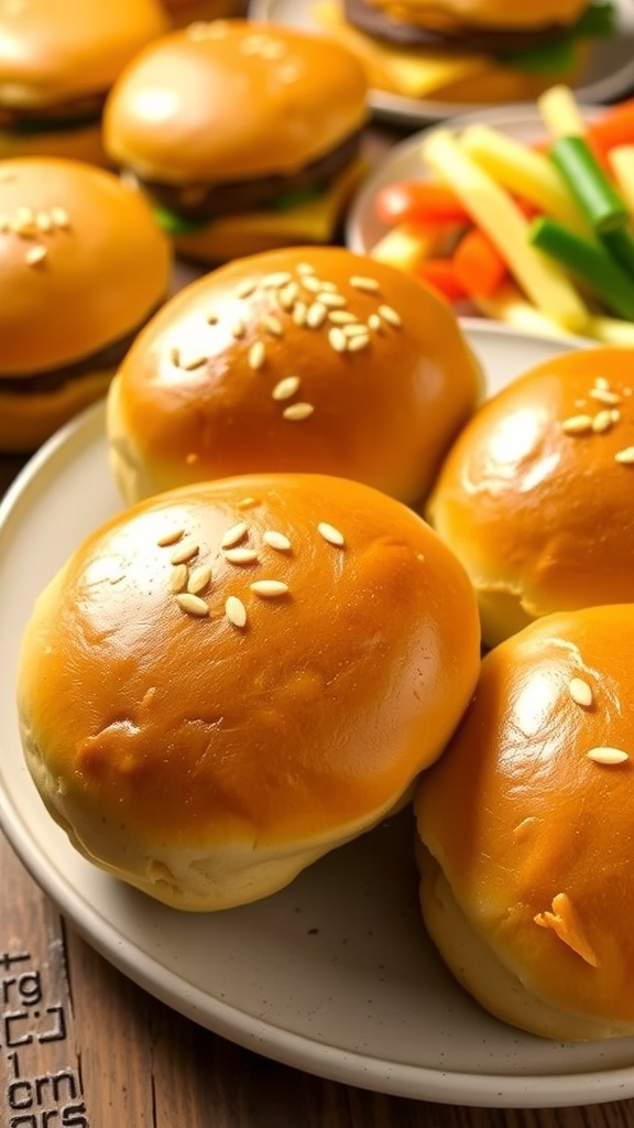 Garlic Butter Hamburger Buns Recipe Freshly baked garlic butter hamburger buns on a plate, glistening with garlic butter and sesame seeds.